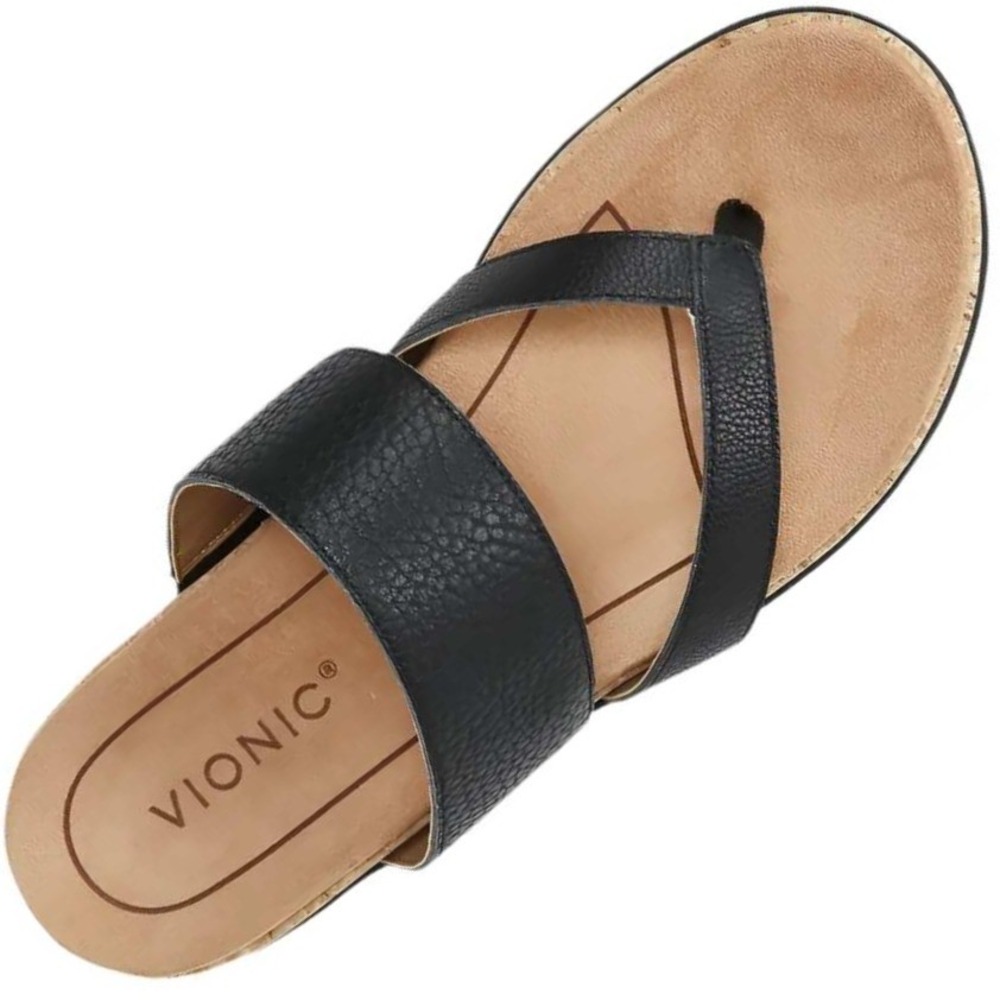 Vionic $130 Size 8 Marvina Black Pebbled Leather Orthotic Thong Slide Sandals